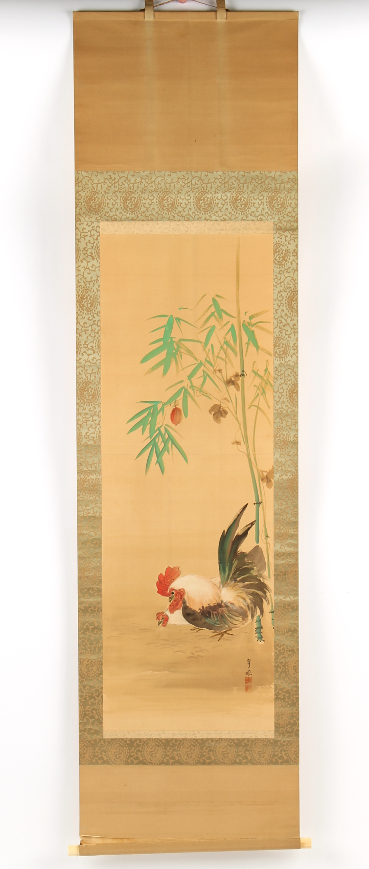 Property of a gentleman - a scroll painting on silk depicting Chickens & Bamboo, the painting 48 - Image 2 of 3