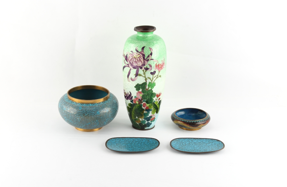 Property of a lady - a group of five cloisonne items including a Japanese ginbari rounded square
