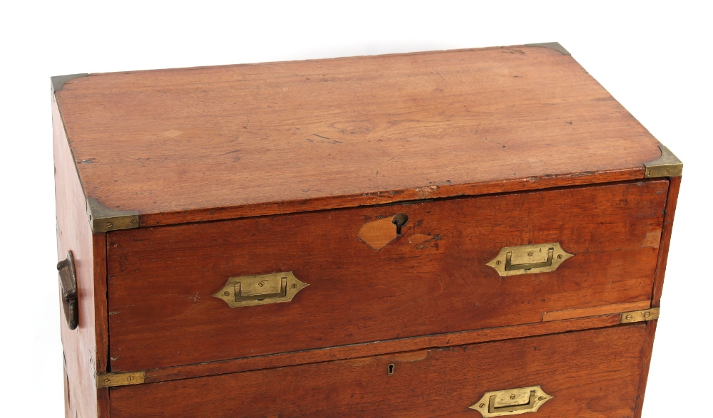 Property of a gentleman - a small late 19th century teak campaign chest, in two parts with a - Image 3 of 3