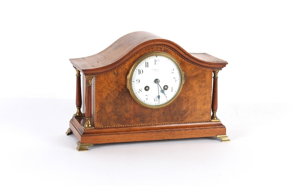 Property of a lady - a 1920's burr walnut mantel clock, with French 8-day two train movement