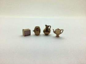 Four 9ct Gold Charms/Pendants, including emergency money, a barrel, a coffee pot, etc (total