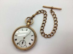 A Gold Plated Cased Openface Pocket Watch, the white dial with black Roman numerals and seconds