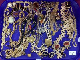 A Selection of Gilt Coloured Costume Jewellery, including cameo style brooch, necklaces, clip on