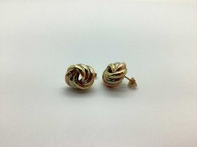 A Pair of Large Modern Three Colour Knot Earstuds, stamped "375" (5grams).
