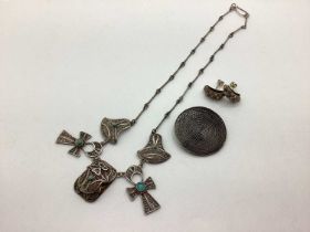 A Hallmarked Silver Stone Set Egyptian Revival Necklace, with filigree scarab beetle and cross