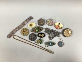 A Collection of Brooches, to include lucite, filigree, gilt coloured, polished hardstone, together