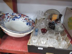 Two Decanters, drinking glasses, baskets, etc:- One Box. Two pottery wash bowls.