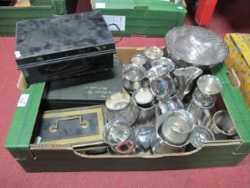 Pewter Tankards, plated presentation posie bowl, safety boxes:- One Tray.