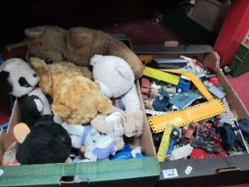 Diecast Cars, Dinky, Corgi, Matchbox, etc, together with a box of soft toys, Teddy Bears, etc:-