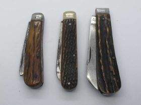 H. Barnascone and Son, stag scales, single blade, 10cm, E. Blyde and Co, Sheffield, two blades, stag