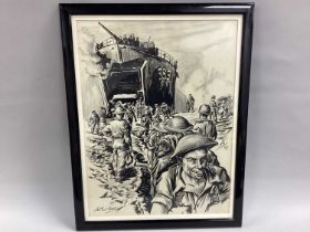 Arthur Ward (English 1906-1995) Charcoal/Pencil Sketch British Soldiers Disembarking From Landing