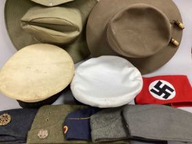 Military headgear of various types/branches of service and nationalities including USMC Stetson hat,