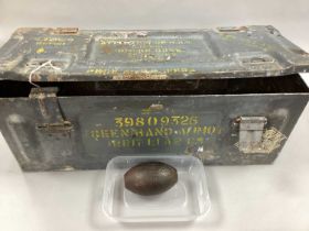 World War I British Army No. 16 Oval Pattern Hand Grenade, missing screw caps/fuse, marked on case