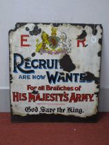 Edward VII Enamel Metal British Army Recruitment Sign, approximately 76cm x 66cm. Some damage and