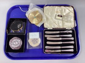 A Set of Six Hallmarked Silver Handled Tea Knives, in a fitted case; together with a Derbyshire Blue