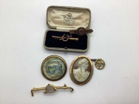 An Oval Shell Carved Cameo Brooch, a jockey cap and crop bar brooch, a Victorian bar brooch