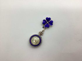 A c.Early XX Century Enamel and Seed Pearl Ladies Fob Watch, highlighted in blue to front and case