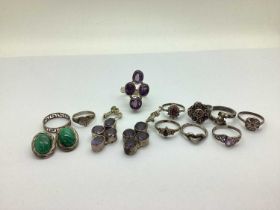 A Small Collection of "925", "Silver" and Other Rings, including collet set, clusters, marcasite