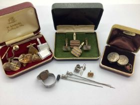 Assorted Cufflinks, tie pins, a signet ring, wide band ring, etc.
