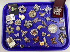 An Assortment of Costume Brooches and Stick Pins, to include gilt coloured, Kitsch style,