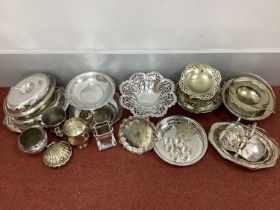A Collection of Assorted Plated Ware, including pedestal dishes, swing handled dishes, square bottle