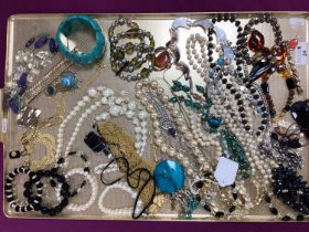 A Collection of Costume Jewellery, to include, gilt coloured multi-row necklace, diamanté