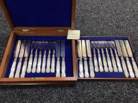 Decorative Antique Mother of Pearl Handled Dessert Knives and Forks, (lacking one knife) in original