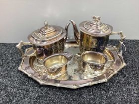 Decorative Viners Silver Plated Four Piece Tea Set, of Oriental design detailed with prunus and