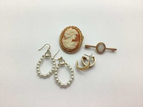 A 9ct Gold Bar Brooch, Stone Set Amongst Twisted Edge Rubover, together with a carved shell cameo