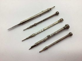 Antique Sliding Dip Pen and Pencils, each with engraved decoration. (5)
