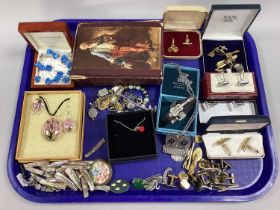 A Selection of Modern Gent's Cufflinks, a Limoges circular brooch, other brooches, gilt chains,