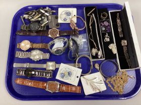 Assorted Wristwatches, "925" line bracelet, bangles, magnetic brooches, etc :- One Tray