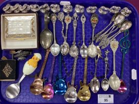 Souvenir and Other Teaspoons, novelty guitar spoons, mother of pearl inset powder compact, novelty