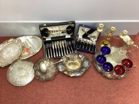 Assorted Plated Ware, including cased and loose cutlery, trays and platters, twin branch
