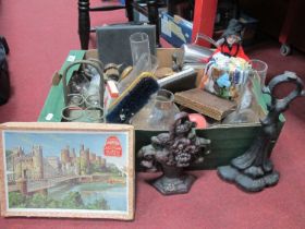 Cast iron door stops, brushes, glass funnels, jigsaw etc. One box