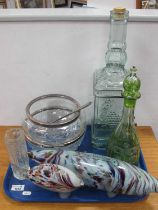 Glass Wine Decanter with a Tap, green glass decanter, two bowls with plated rims, Murano style fish,