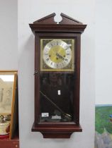 Mahogany Cased Wall Clock, top with a broken pediment, glazed door, silvered chapter ring, shaped