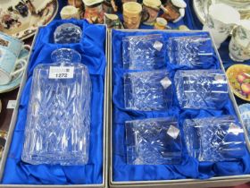 Edinburgh crystal glass decanter together with six whiskey glasses, both boxed.
