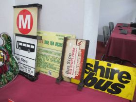 A collection of metal bus signs to include Halifax, Perth & Kinross, Manchester-Oldham-Bradford plus