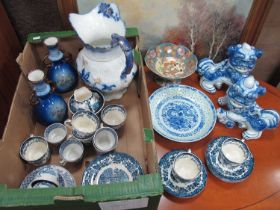 Royal Worcester "Avon Scenes" Blue White Cup-Saucers, a pair of Chinese blue white dogs, a pair of