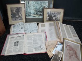 Gamages Ltd 1930s catalogue, album of press cuttings related southall notts, etchings. One box