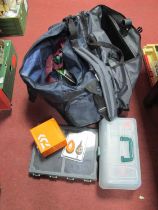 A quantity of fishing equipment to including tackle and plastic storage boxes all in a large Preston