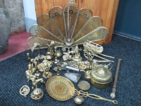 Brass Kettle, brass horse brasses, brass casting of Mr. Punch, brass candlesticks, flat iron,