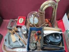Brass Bugle Coins, Kinder mantle clock, table tray, and brush, etc Royal Supreme fishing reel:-