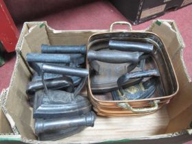 XIX Century flat irons, copper pan etc. One box