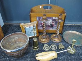 A Pair of 1920s Candlesticks, oak aneroid barometer, oak pedestal bowl, magazine rack, shoe last,