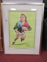 John Ireland, a caricature drawing of Matt Symons, in Harlequins Rugby Union strip, a watercolour