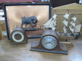 Model Galleon, two clocks, copper wall picture.