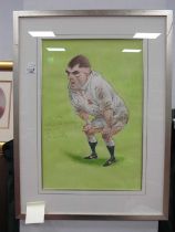 John Ireland, a caricature drawing of Jason Leonard in England Rugby Union strip, watercolour,