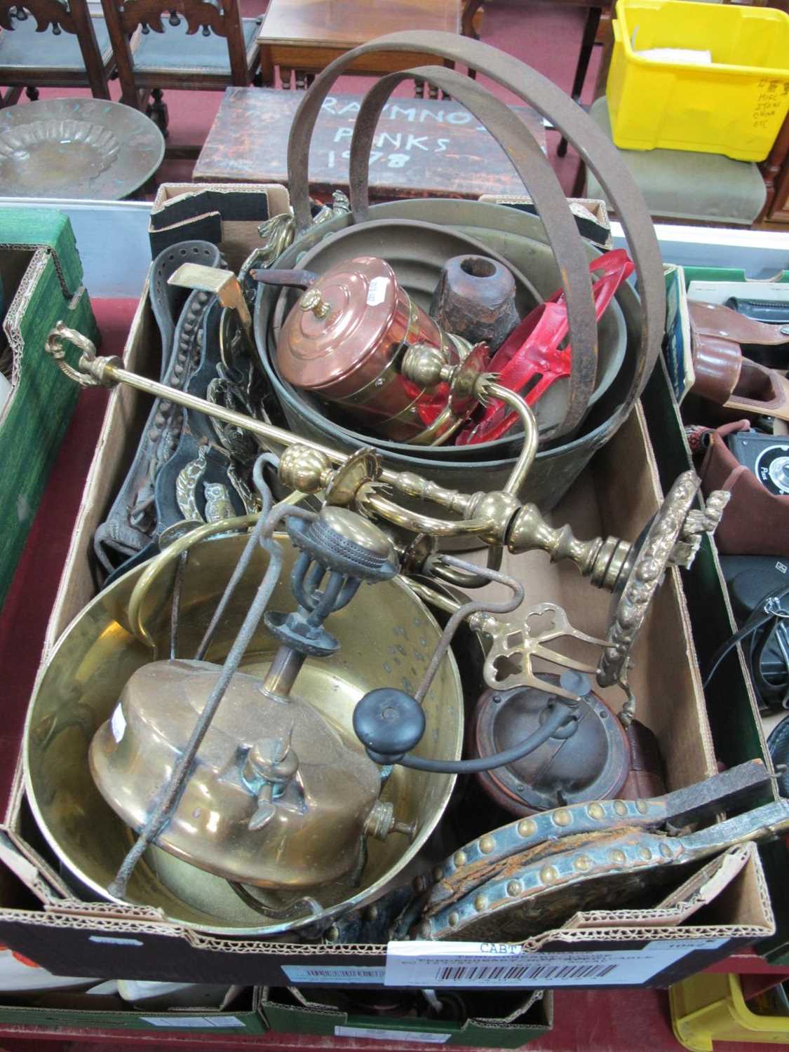 Brass, copper and pewter to include three jam pans, three branch candleholder, horse brasses,